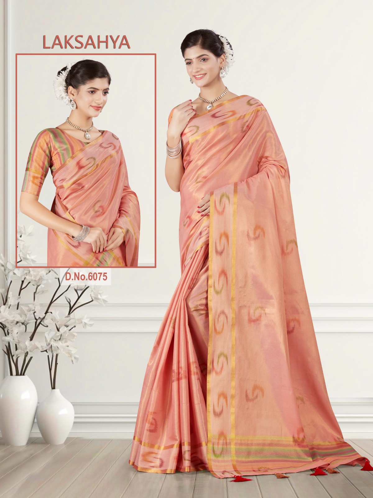 #60118-5 tissue Saree Tissue Saree Peach - Image 1