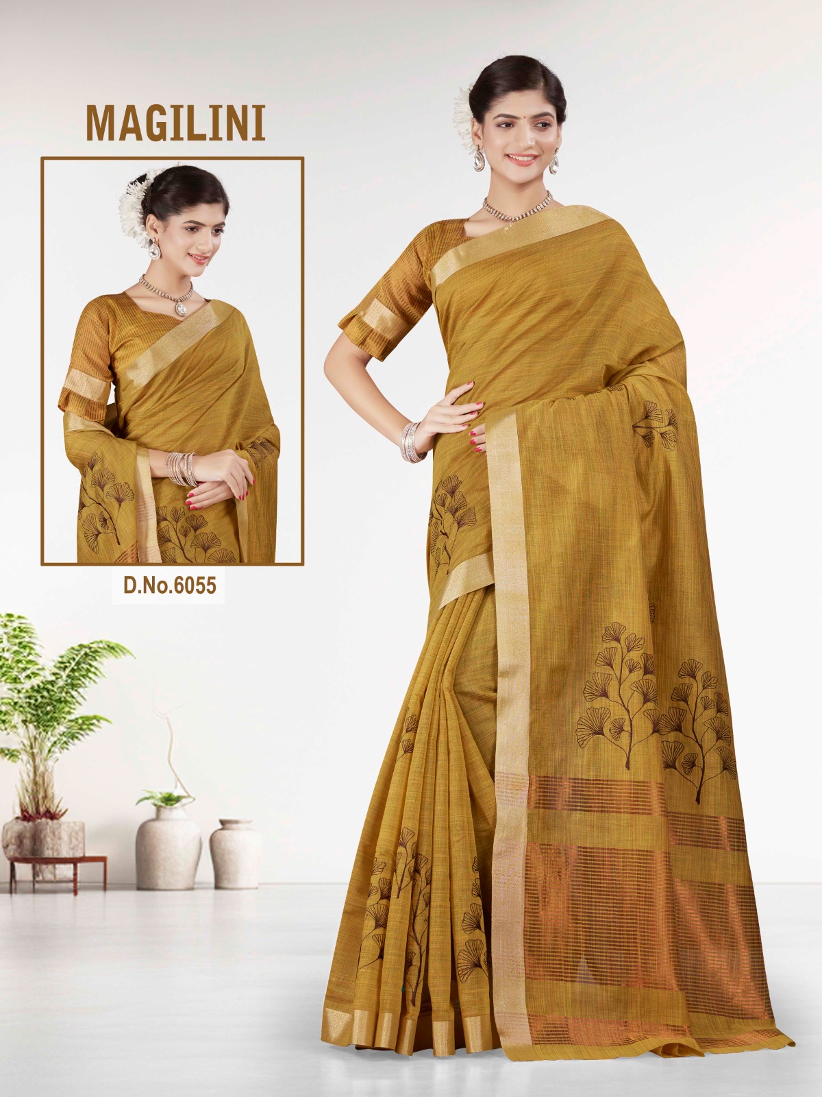 #60119-3 Silk Cotton Silk Cotton Saree Musterd - Image 1
