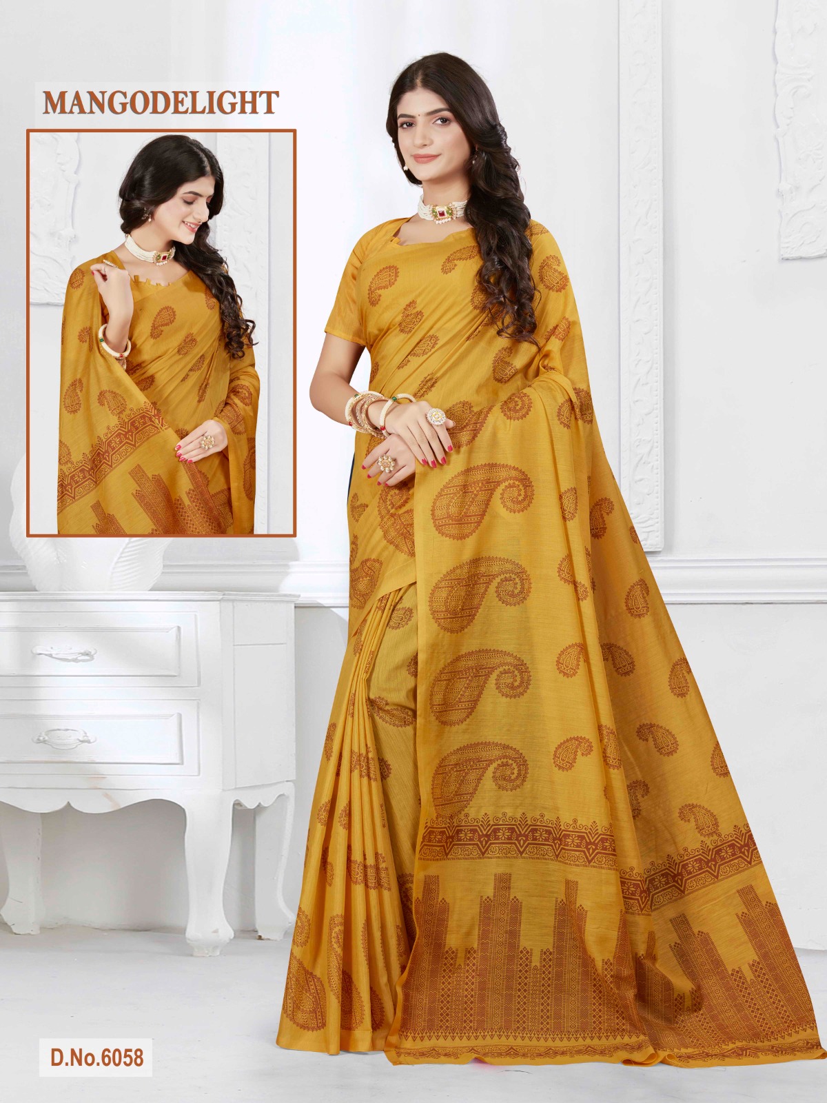 #6020-2 Soft Cotton Silk Cotton Saree Musterd - Image 1