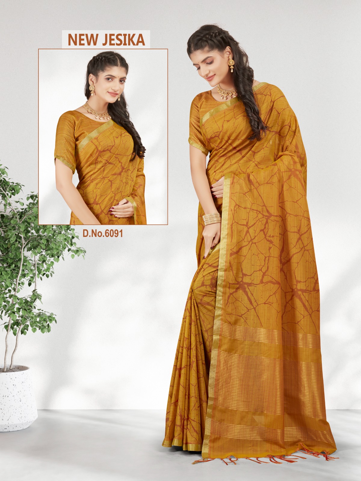 #6091 DL Sarees Soft Kota Silk New Jesika Soft Cotton Saree Musterd - Image 1
